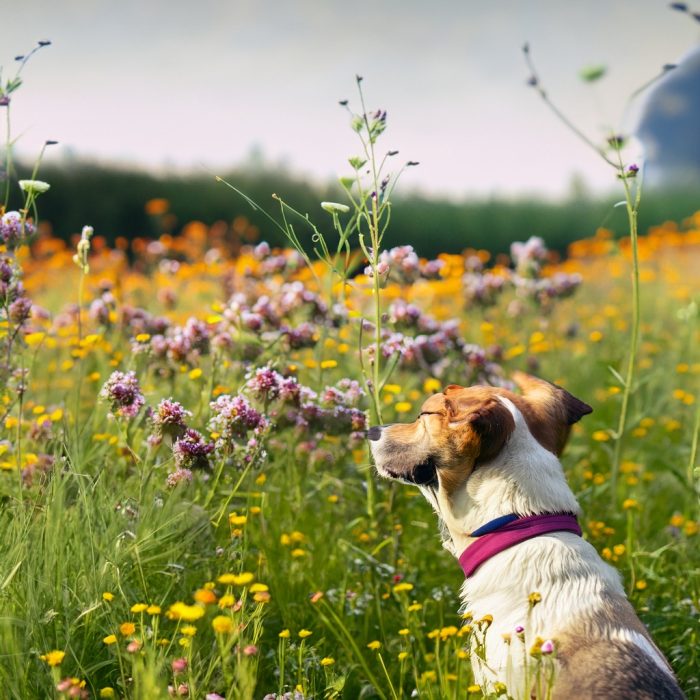 Hund som prøver at finde den rigtige blomst i en mark med blomster 